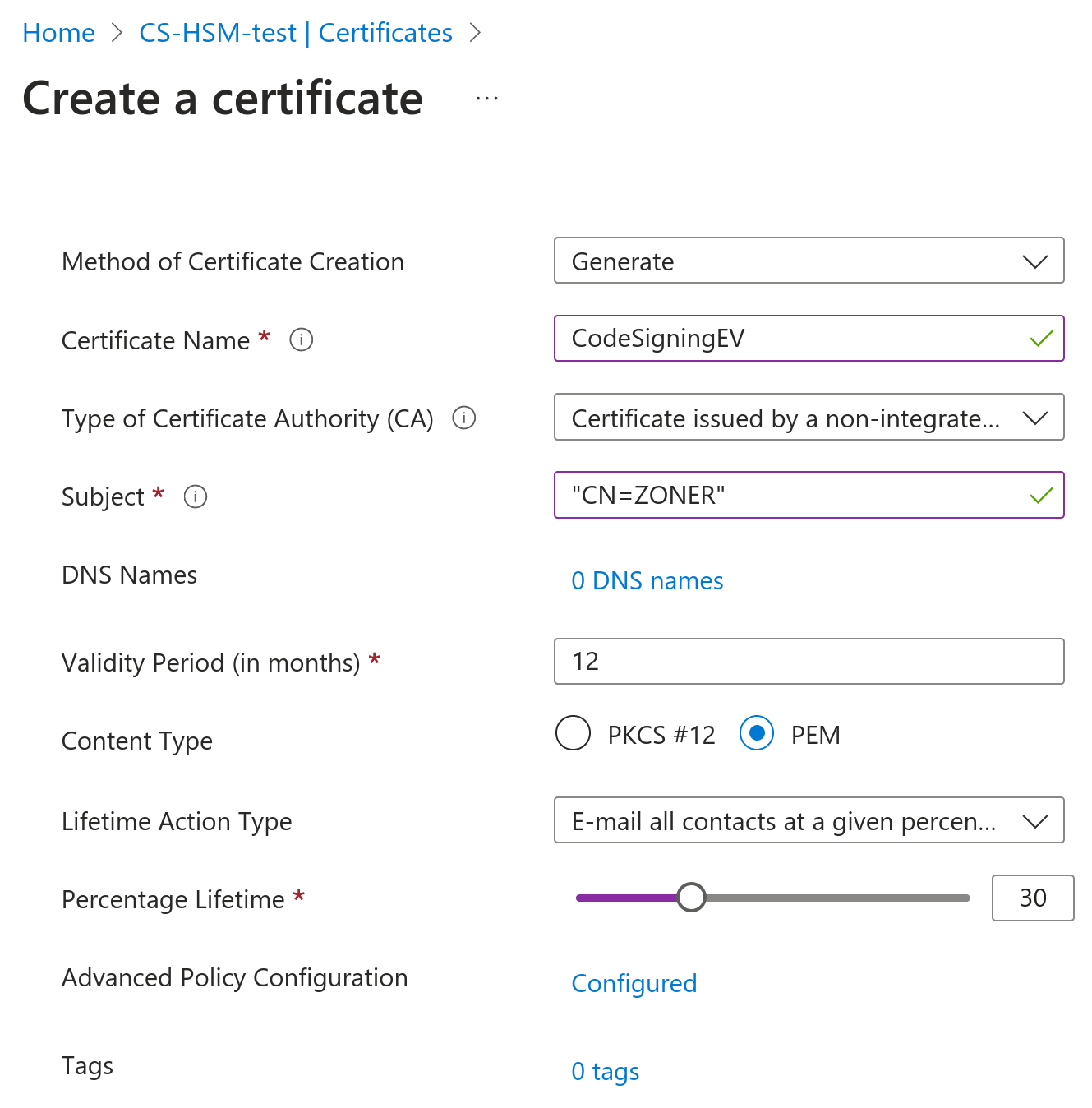 Crear CSR en Azure