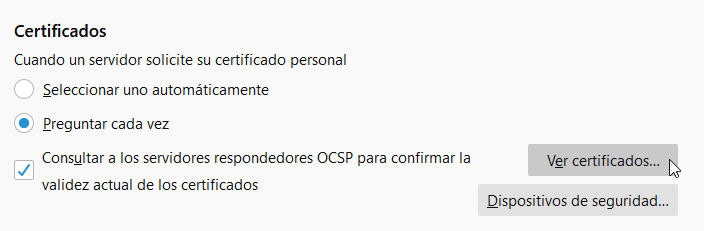 Almacenamiento del certificado en Firefox